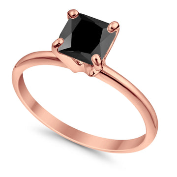 Solitaire Wedding Ring Princess Cut Simulated Black Cubic Zirconia Rose Tone 925 Sterling Silver
